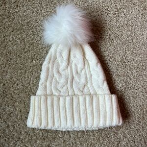 NWOT - Cable Knit Beanie Hat with Pom Pom - white